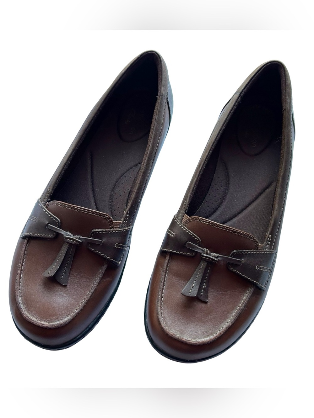 9.5W Clarks Brown Leather Tassel Loafers Shoes for Women